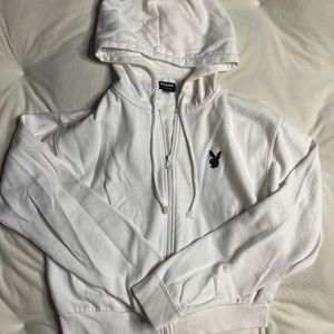 PacSun playboy cropped hoodie in white